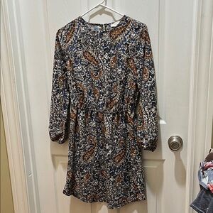 Loft Paisley Blue Midi Dress with 3/4 sleeves and an elastic waist.